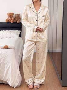 Napfluff Set Piyama Celana Panjang Lengan Panjang Motif Polkadot Hitam Sederhana dan Elegan untuk Wanita - Putih - View 6