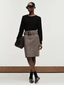 Aveloria Modichic Women's Skirt Slim H-Line Fit Tweed Texture Belted Square Buckle Commute Brown Plaid Fall Clothes For Women Christmas - Coffee Brown - View 4