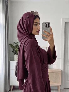 Solavon Women's Solid Color Round Neck Flared Sleeve Ruched Waist Elegant Modest Long Dress Everyday Bday Burgundy Autumn - Burgundy - View 4