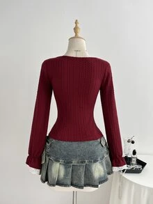 Elamini Minimalist Sexy Sweet & Spicy Girl Style Elegant Slim Fit Flattering High-End Red Lace T-Shirt For Women Spring Autumn - Burgundy - View 2