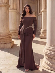 Coutiva Plus Size Elegant Luxury Rhinestone Pleated Off-Shoulder Evening Gown Dress - Coffee Brown - View 1