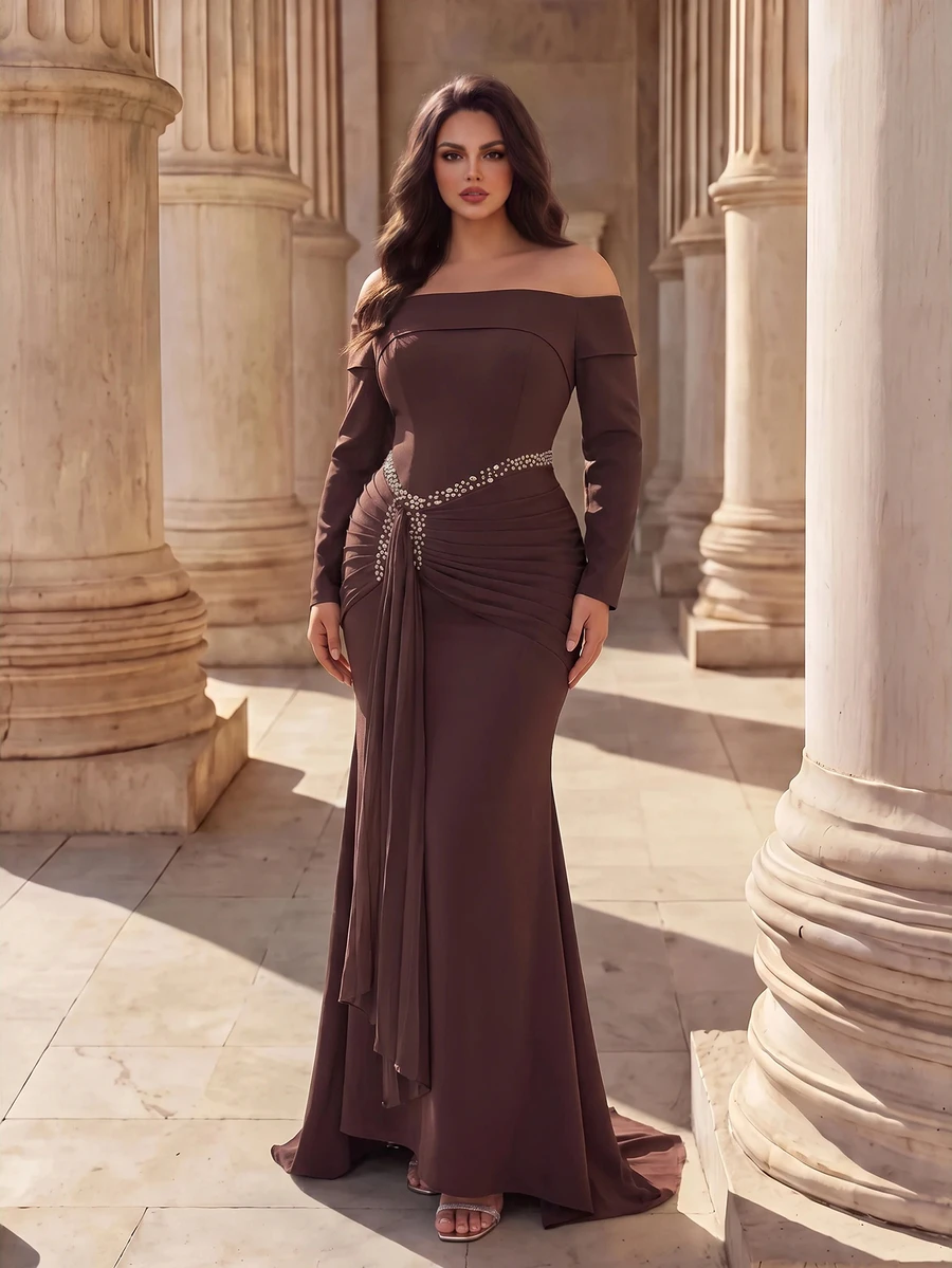 Coutiva Plus Size Elegant Luxury Rhinestone Pleated Off-Shoulder Evening Gown Dress - Coffee Brown - View 1