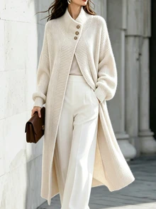 SHEIN Women's All-Match Fashion Minimalist Versatile Lapel Button Long Cardigan Stand Collar Button Commuter Sweater Coat - Apricot - View 4