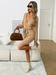 Balvessa Women's Solid Color Overlap V-Neck Dropped Shoulder Long Sleeve Elegant Dress - Apricot - View 6