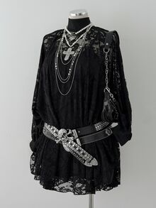 Sunspun Fashion High Neck Lace Batwing Long Sleeve 2 In 1 Dress Fall - Black - View 2