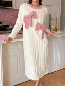 SweetSlumber Women's Bow Plush Long Nightgown - White - View 1