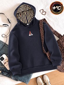 SHEIN 1件青少年女孩軟綿可愛甜美風皇家藍連帽衛衣，柔軟面料，寬鬆舒適，正面印花臘腸犬幼犬圖案，連帽內裡藍黃條紋，全印同款幼犬圖案，羅紋袖口與下擺，簡約百搭，適合日常穿著與校園穿搭，中厚度，秋冬款，1件保暖抓絨內裡 - 藍色 - 查看 4