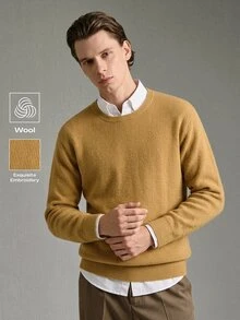 Calmiston 男士純色圓領長袖休閒百搭毛衣 老錢風 正式棕色 - 綠色 - 查看 1