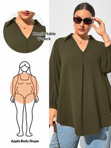 Shapeblank 大尺碼簡約百搭百褶長袖襯衫 - 橄欖綠 - 查看 1