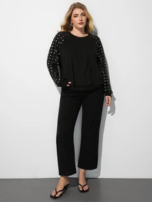 Maija Top casual de uso diario con decoración de tachuelas para mujer de talla grande - Negro - Ver 3
