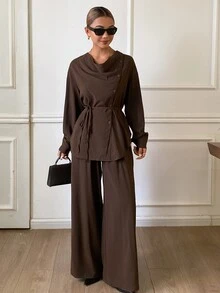 Dazy Tall Women's Solid Color Pleated Top And Pants Casual Daily 2 Pieces Set - Brown - View 4