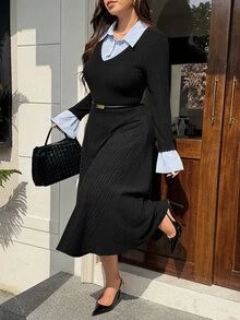 Vionelle Plus Size Women's 2 In 1 Contrast Color Knit Ribbed Patchwork Striped Collar Bell Sleeve Slimming Flattering Long A-Line Dress Autumn Winter - Black - View 3