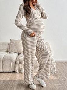 SHEIN 孕婦條紋長袖T恤與可調腰長褲2件套 - 杏色 - 查看 3