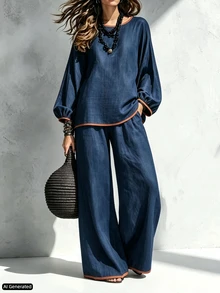 Trelyra Autumn Clothing, Round Neck Contrast Trim Long Sleeve Top And Straight Leg Wide Leg Pants Two Pieces Set, Navy Blue Casual Two Pieces Set, Elegant Commute Two Pieces Set - Navy Blue - View 1