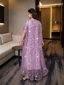 Auveirra Plus Size Women's Leaf Embroidery Pattern Casual Party Dress - Purple - View 2