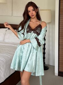 DAZY Summer Autumn Elegant Contrast Color Lace Patchwork Jacquard Satin Robe & Camisole Dress Set Women Pajamas - Green - View 7