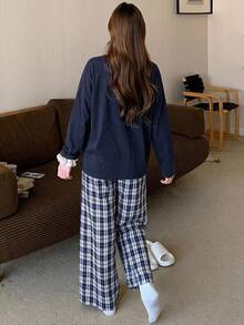 DAZY Women's Denim Long Sleeve Top And Patch Pants Casual Daily Loungewear Set - Navy Blue - View 2