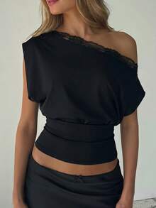 SHEIN SXY 黑色優雅蕾絲拼接單肩領口上衣 - 黑色 - 查看 3