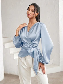 Modelyn 女款優雅百褶前綁帶長袖襯衫 - 藍色 - 查看 8