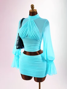 Amplova Women's Autumn/Winter Blue Cross Front Design Long Sleeve Top & Mini Skirt 2pcs Set - Blue - View 1