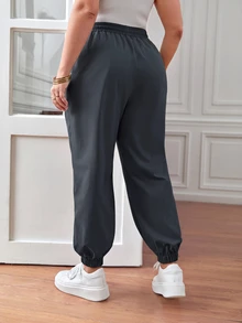 SHEIN CURVE+ 女款大尺碼休閒運動抽繩腰長褲，慢跑褲，寬鬆版型，秋冬 2026 22W - 深灰色 - 查看 4