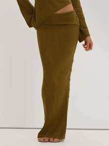 MUSEYN Green Knit Folded Waisted Button Maxi Skirt Versatile Everyday Casual Date Night Fall - Green - View 2