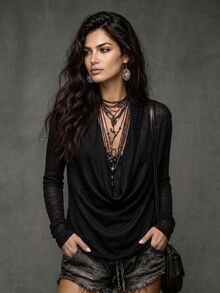 LUMIGAL Women's Black Knit Cowl Neck Top, Casual Commute Style For Spring & Autumn - Black - View 4