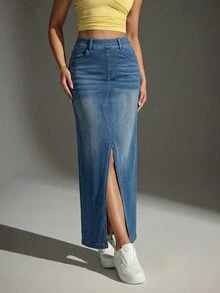 Comfortcana Women's Fashion Versatile Front Slit Pocket Denim Skirt - Medium Wash - View 5
