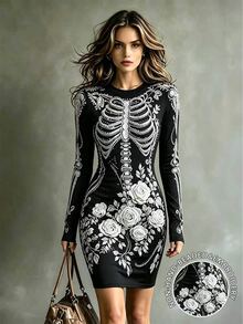 Halloween Skull Rose Print Fitted Bodycon Mini Dress Women Round Neck Long Sleeve Party Plus Size Dress - Multicolor - View 5