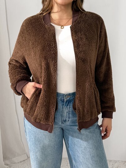Shapeblank Women's Plus-Size Brown Jacket – Stylish, Casual, Loose, Comfortable, Warm, And Plush – Ideal For Daily Wear In Winter,Outfits,Coats,Simple Style