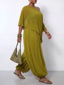 Zivah Plus Size Women Solid Color Asymmetrical Shoulder Top And Pants Casual Daily 2 Pieces Set - Olive Green - View 6