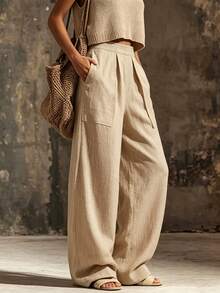 SHEIN Spring Autumn Long Pants Back To School Outdoor Date Apricot Casual Sweatpants With Pockets - Apricot - View 5