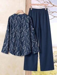 Rusticease Blue Blouse Autumn Clothes For Women Fall Winter 2026 Women's Plant Print Rolled Sleeve Shirt And Long Pants Casual 2 Pieces Set 2 Pieces Set Woman - Multicolor - View 2