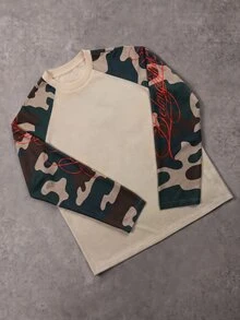 Manfinity Roghcode Men's Camo Contrast Raglan Sleeve American Street Style T-Shirt, Vacation Holiday Goth Autumn - Khaki - View 2