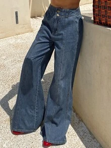 Livesso Tall High Waist Seam Front Flare Leg Jeans - Dark Wash - View 5