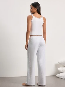 Ocili Grey Sweatshirt Pants Camisole Comfortable Cotton Top Lace Ruffle Wave Edge Cami Long Pants Women Loungewear Set - Light Grey - View 3