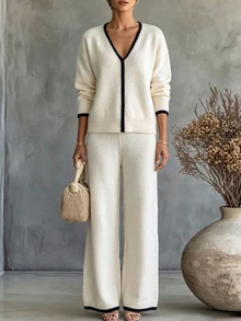 SHEIN Casual Loose V-Neck Long Sleeve Knit Contrast Trim Top + Loose Straight Leg Pants ,Women Fall/Winter Sets,New Year, Christmas, Halloween,Party,Social - Beige - View 6