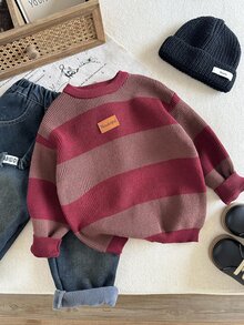 SHEIN 兒童青少年男孩休閒百搭柔軟舒適加厚紅色毛衣，適合秋季、學校、家庭聚會、度假、派對，秋季穿搭，冬季穿搭 - 彩色 - 查看 4