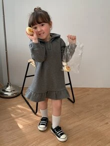 DAZY Baby Girl Solid Color Casual Daily Summer Hooded Dress - Grey - View 4