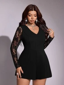 Viva Relle Plus Size Women Casual Vacation Elegant Contrast Lace Jumpsuit Fall - Black - View 7
