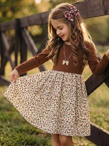 Young Girl Knitted Solid Color Round Neck Patchwork Floral Fitted Casual Autumn/Winter Dress - Multicolor - View 1