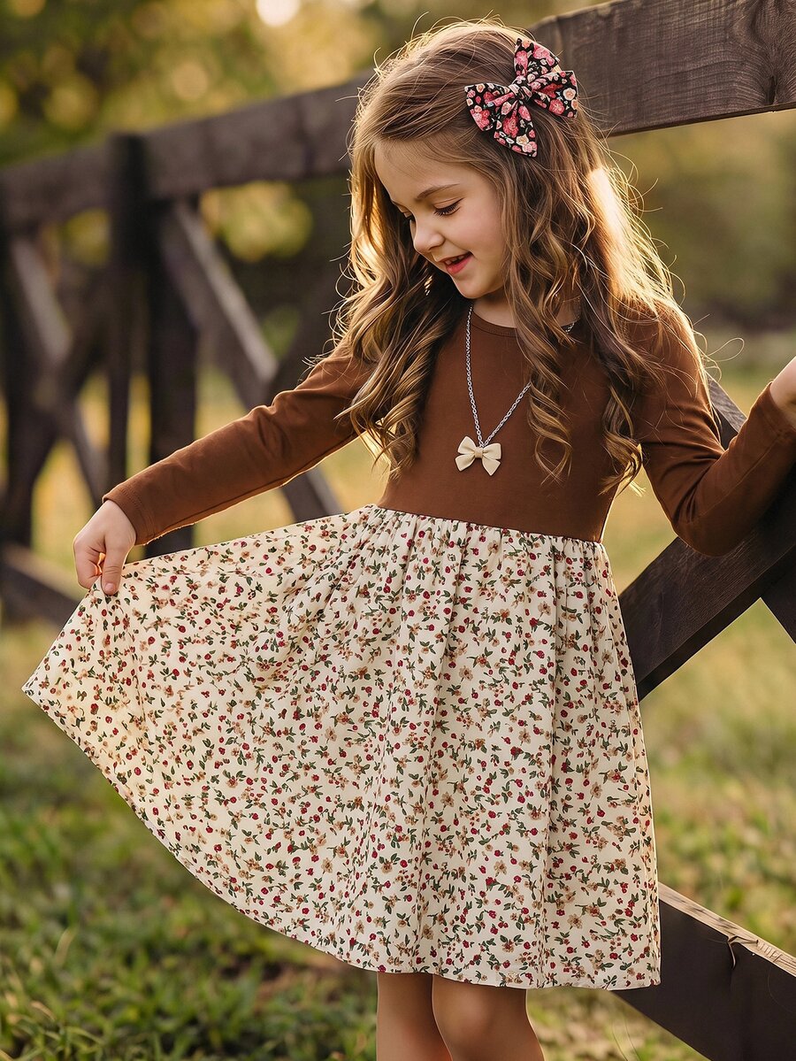 Young Girl Knitted Solid Color Round Neck Patchwork Floral Fitted Casual Autumn/Winter Dress - Multicolor - View 1