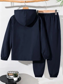 SHEIN 兒童 2 件組大童男孩休閒運動圖案拼色連帽外套與長褲套裝，適合學校、日常休閒、度假、運動，秋冬穿著 - 彩色 - 查看 2