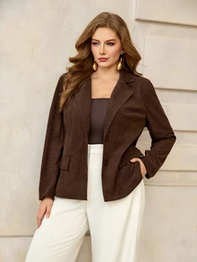 Roveilla Plus Size Vintage Corduroy Blazer Jacket Loose Drop Shoulder Casual Top, Lapel Single Breasted Three Button Design, Brown Fall Thanksgiving Formal - Brown - View 3