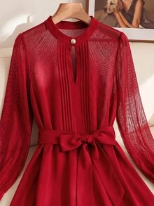 SHEIN Clasi 大尺碼女款素色休閒長袖襯衫，適合日常穿著 - 紅色 - 查看 3