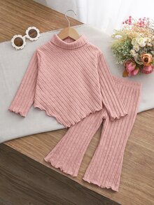 SHEIN Baby Girl Cute Autumn/Winter Versatile Polka Dot Bow Long Sleeve Sweatshirt & Elastic Waist Long Pants Set - Apricot - View 2