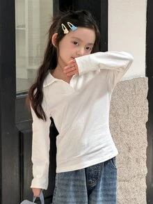 DAZY Tween Girl Solid Color Collared Long Sleeve Casual Versatile T-Shirt - White - View 4