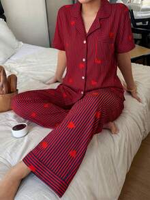 SHEIN 條紋愛心印花翻領短袖長褲女款睡衣套裝 - 彩色 - 查看 4