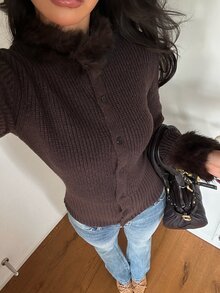 Aloruh Sweater Kancing Patchwork Kerah Bulu Imitasi Vintage Wanita - Coklat - View 4