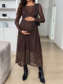 SHEIN 孕婦 1件波點印花哺乳洋裝 秋季 - 棕色 - 查看 8